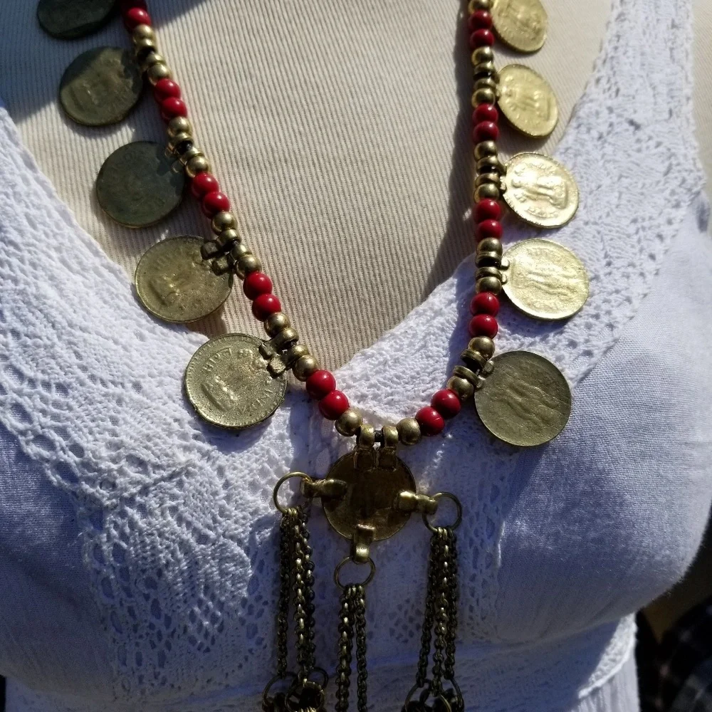 Gorgeous Coin and Red Beaded Necklace w/ Tassels - Picture 7 of 7